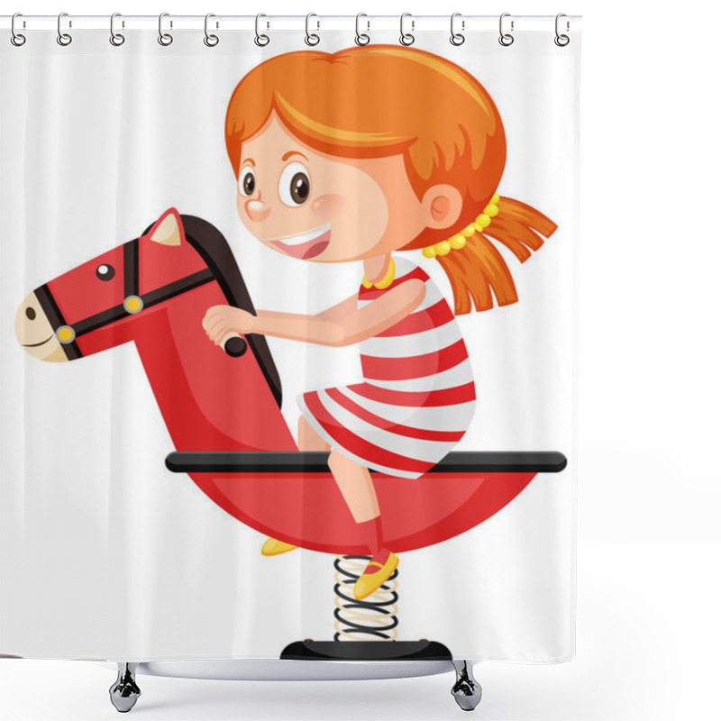 Personality  Cartoon Girl Riding On Spring Rocking Horse Illustration Shower Curtains