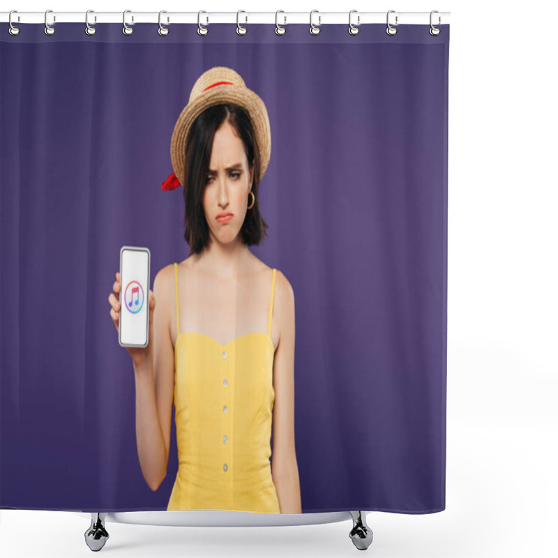 Personality  KYIV, UKRAINE - JULY 3, 2019: Sad Pretty Girl In Straw Hat Holding Smartphone With ITunes App Isolated On Purple  Shower Curtains