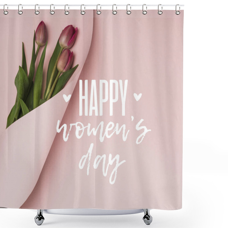 Personality  Top View Of Purple Tulips Wrapped In Paper On Pink Background, Happy Womens Day Illustration Shower Curtains