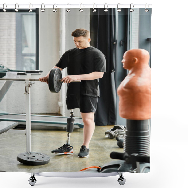 Personality  A Disabled Man With A Prosthetic Leg Stands Next To A Sports Machine In A Modern Room. Shower Curtains