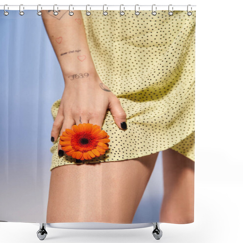 Personality  A Close-up Of A Young Woman Delicately Holding A Vibrant Flower In A Studio Setting. Shower Curtains