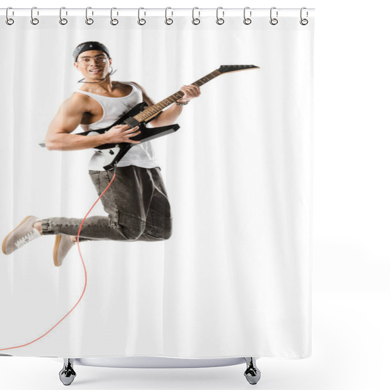 Personality  Happy Young Male Rocker Jumping And Playing On Electric Guitar Isolated On White Shower Curtains