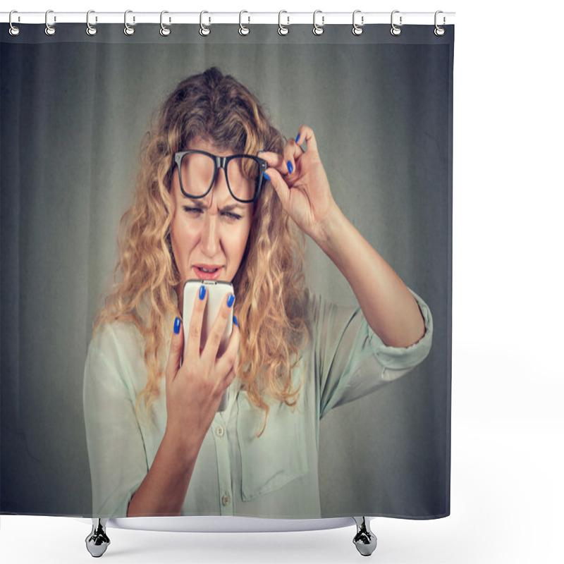 Personality  Woman With Glasses Having Trouble Seeing Phone Has Vision Problems Shower Curtains