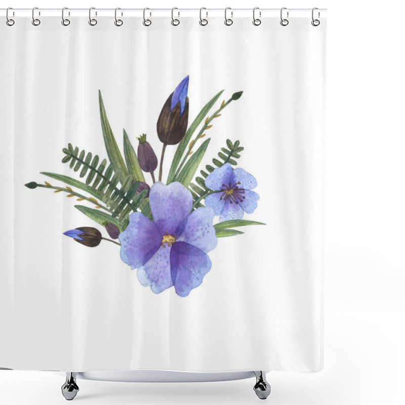 Personality  Floral Composition Bouquet Of Wild Blue Violet Flowers And Herbs Illustration Hand Drawn With Watercolors With Blueish Blossoms, Buds, Herbal Stems And Green Leaves Shower Curtains