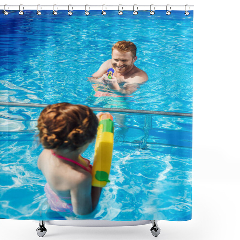 Personality  Father And Little Daughter Playing With Water Guns In Swimming Pool Shower Curtains