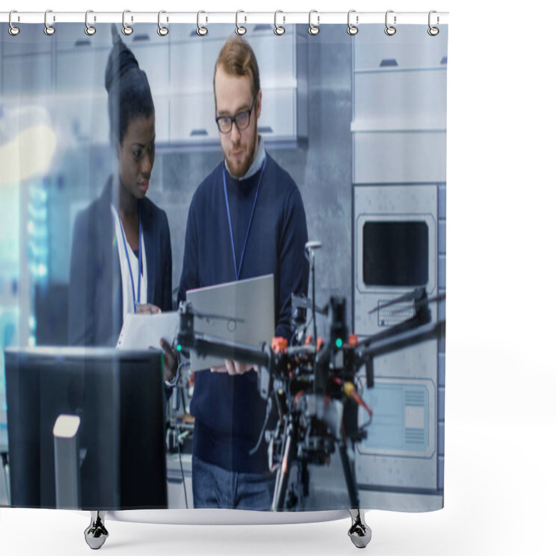 Personality  Caucasian Male And Black Female Engineers Working On A Drone Pro Shower Curtains