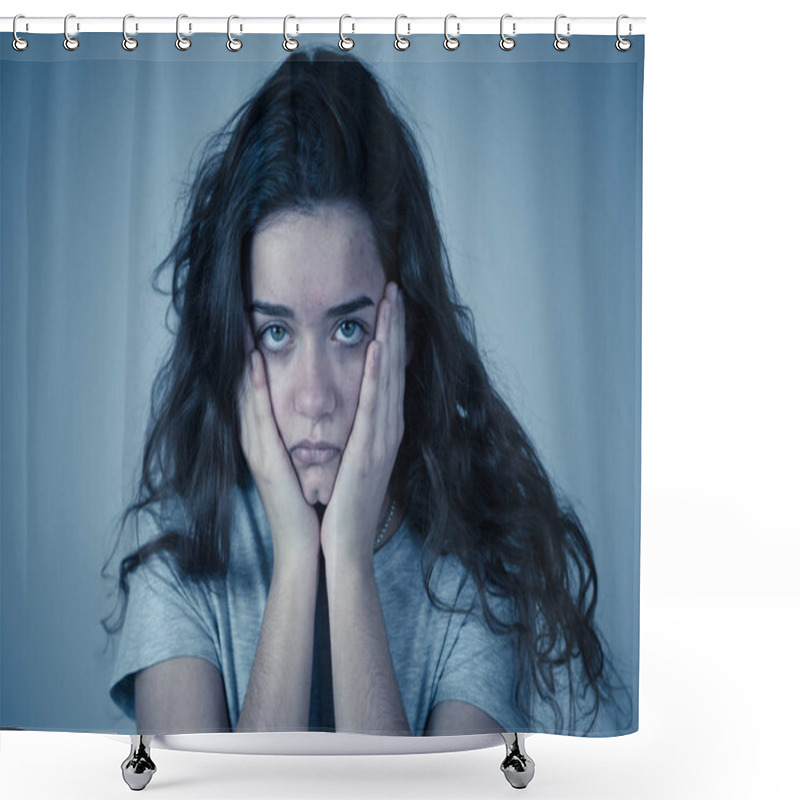 Personality  Portrait Of Beautiful Sad Miserable Young Teenager Girl With Unhappy Face Feeling Emotional Pain. Human Facial Expressions, Negative Emotions And Childhood Depression Concept. Moody Background. Shower Curtains