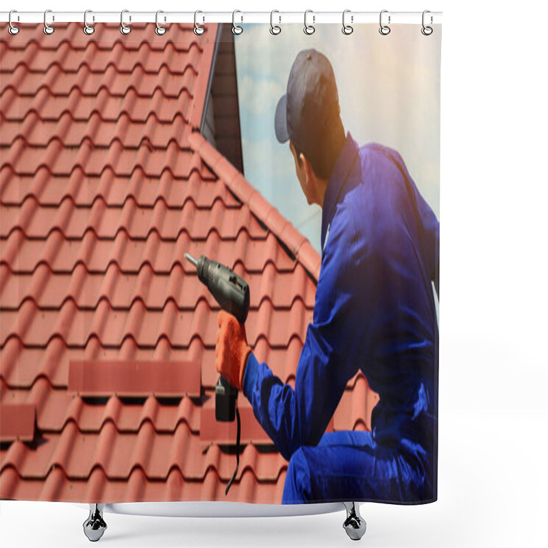 Personality  Back View Of Contractor Worker In Blue Overalls Is Repairing A Red Roof With Electric Screw Driver.  Roofing Concept. Copy Space For You Text Shower Curtains