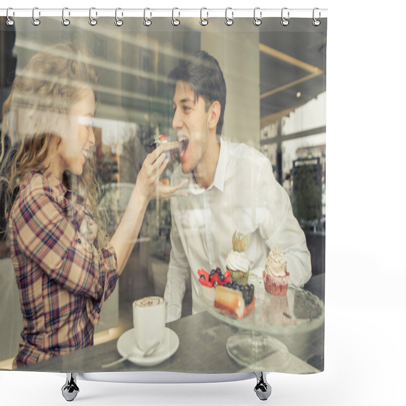 Personality  Young Couple Eating Pastries In A Pastry Shop Shower Curtains