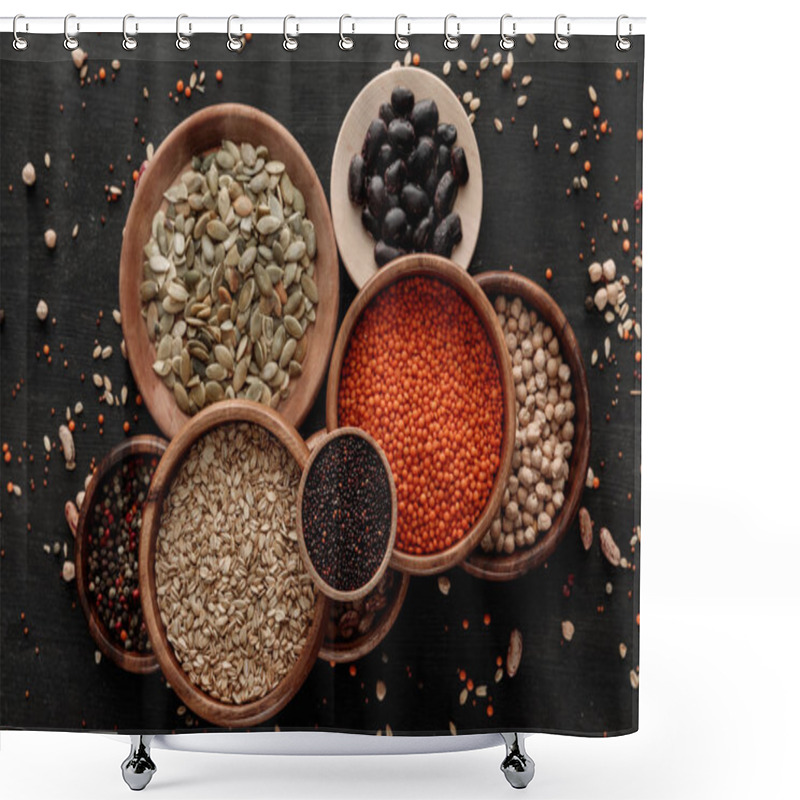 Personality  Top View Of Wooden Bowls And Plates With Raw Lentil, Oatmeal, Beans, Chickpea, Quinoa, Pumpkin Seeds And Peppercorns On Dark Surface With Scattered Grains Shower Curtains