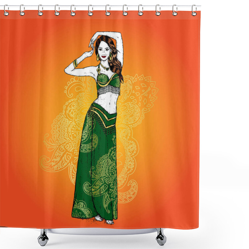 Personality  Beautiful Asian Girl Dancing. Vector Illustration. Belly Dance. East. Shower Curtains