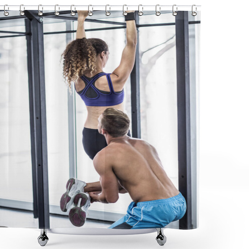 Personality  A Trainer Lifting A Muscular Woman Shower Curtains