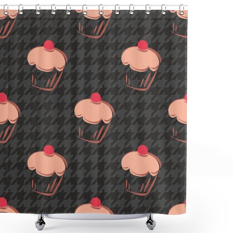 Personality  Tile Vector Background With Cherry Cupcake And Dark Grey And Black Houndstooth Pattern Shower Curtains