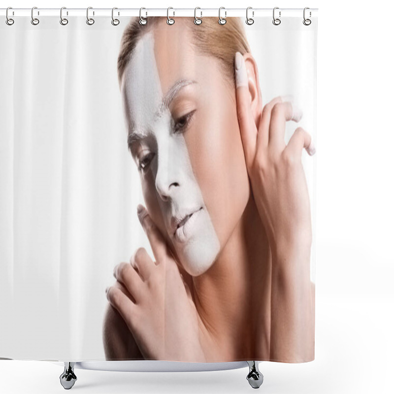 Personality  Sensual Beautiful Woman With White Paint On Face Isolated On White, Body Art Shower Curtains