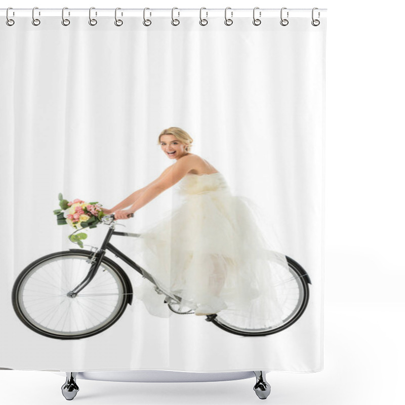 Personality  Beautiful Groom Riding Bicycle In Wedding Dress While Holding Wedding Bouquet Isolated On White Shower Curtains