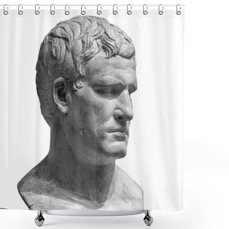 Personality  Head Detail Of The Ancient Man Sculpture. Stone Face Isolated On White Background. Antique Marble Statue Of Mythical Character Shower Curtains