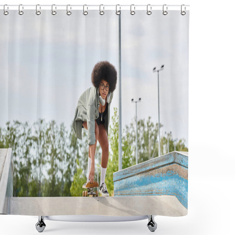 Personality  Young African American Woman With Curly Hair Skilfully Rides A Skateboard On A Ramp At An Outdoor Skate Park. Shower Curtains