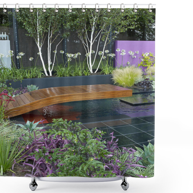 Personality  A Colourful Modern Garden Design With A Range Of Flowers, Plants And Shrubs, Decking, Water And Architectural Features Shower Curtains