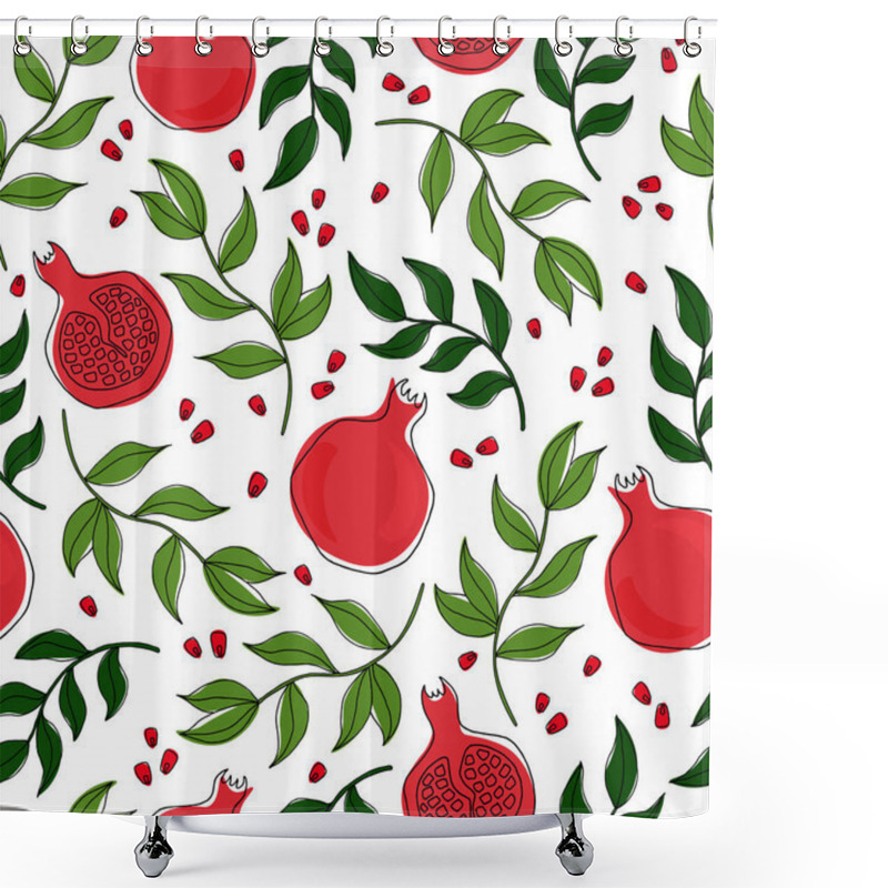 Personality  Botanical Illustration: A Pomegranate With Branches And Leaves In The Doodle Style. Seamless Pattern On A White Background. For Textiles, Packaging Products. Shower Curtains