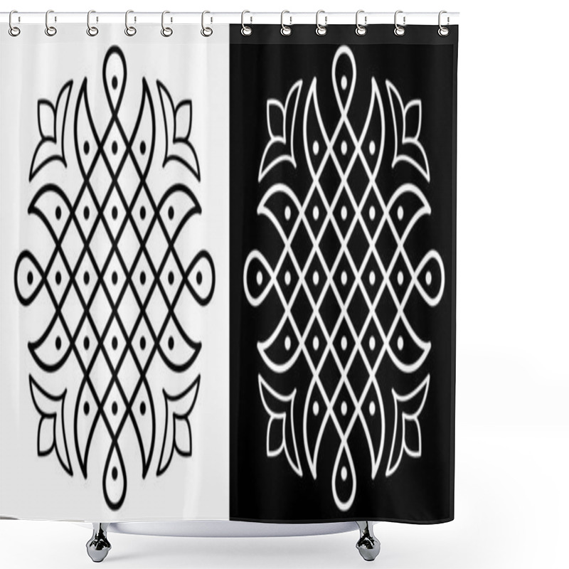 Personality  Indian Traditional And Cultural Rangoli Or Kolam Design Concept Of Curved Lines And Dots Isolated On Black And White Background - Vector Illustration Shower Curtains