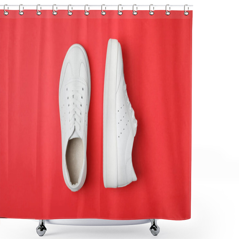 Personality  Stylish White Shoes On Red Background, Flat Lay Shower Curtains