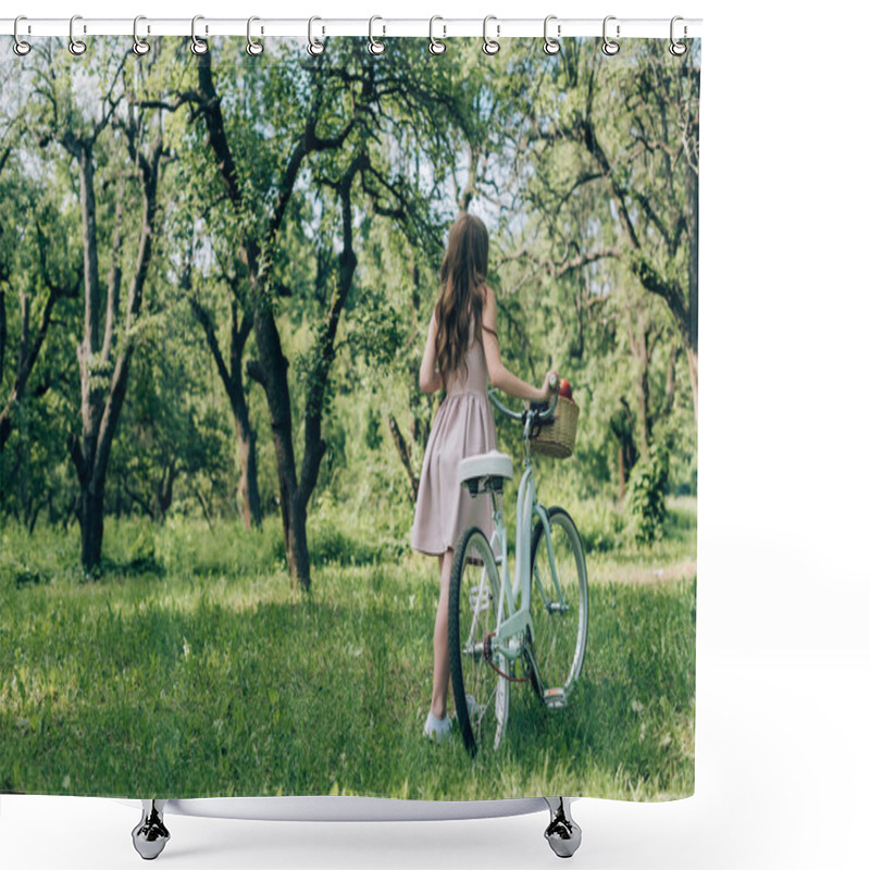 Personality  Back View Of Woman In Dress Holding Retro Bicycle With Wicker Basket Full Of Ripe Apples At Countryside Shower Curtains