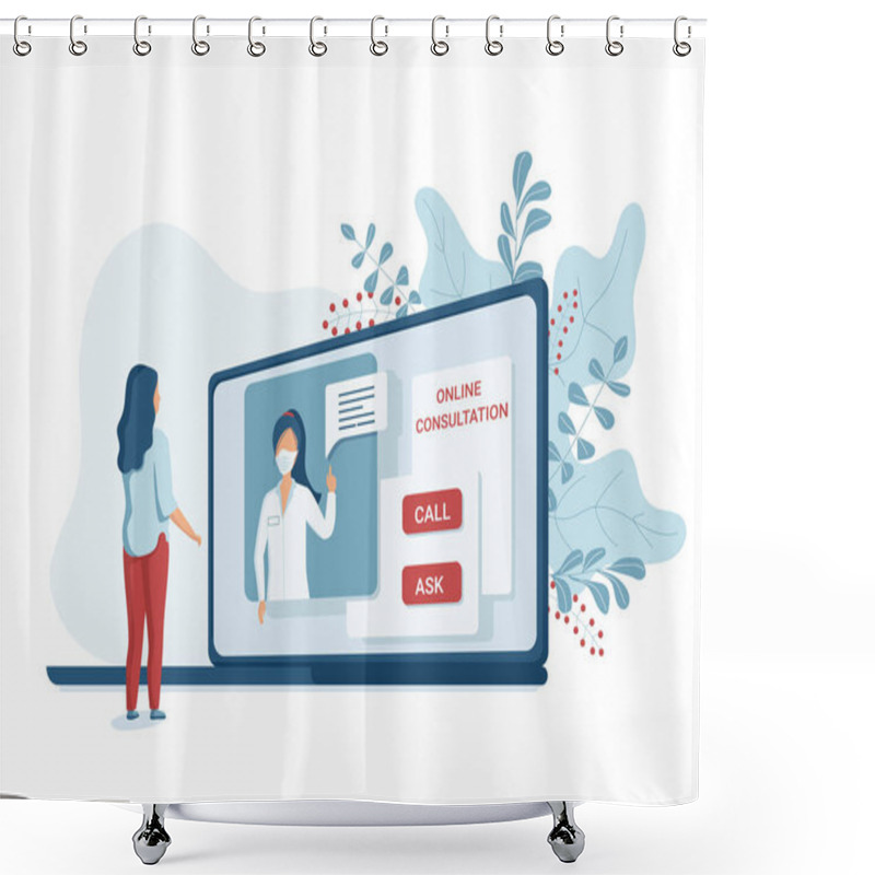 Personality  Concept Online Consultation Of A Patient With A Doctor Via Laptop. Medical Support Using Modern Technology. Internet Doctor At The Time Of Self-isolation And Quarantine. Flat Vector Illustration Shower Curtains