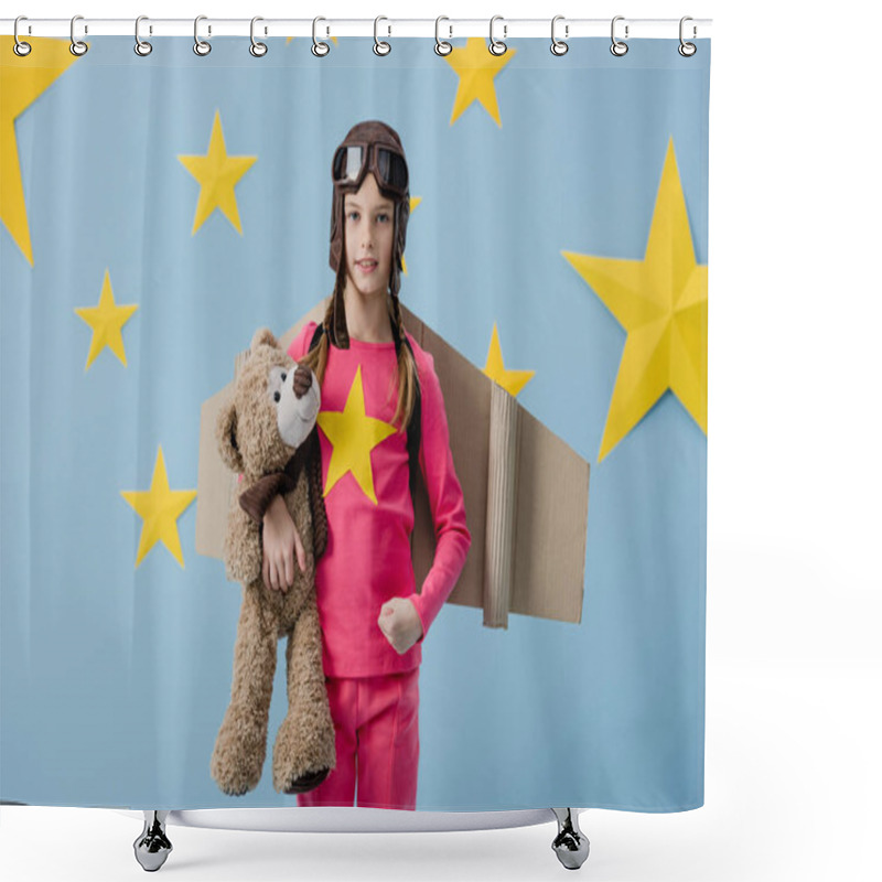 Personality  Child With Cardboard Wings Holding Teddy Bear On Blue Background With Stars Shower Curtains