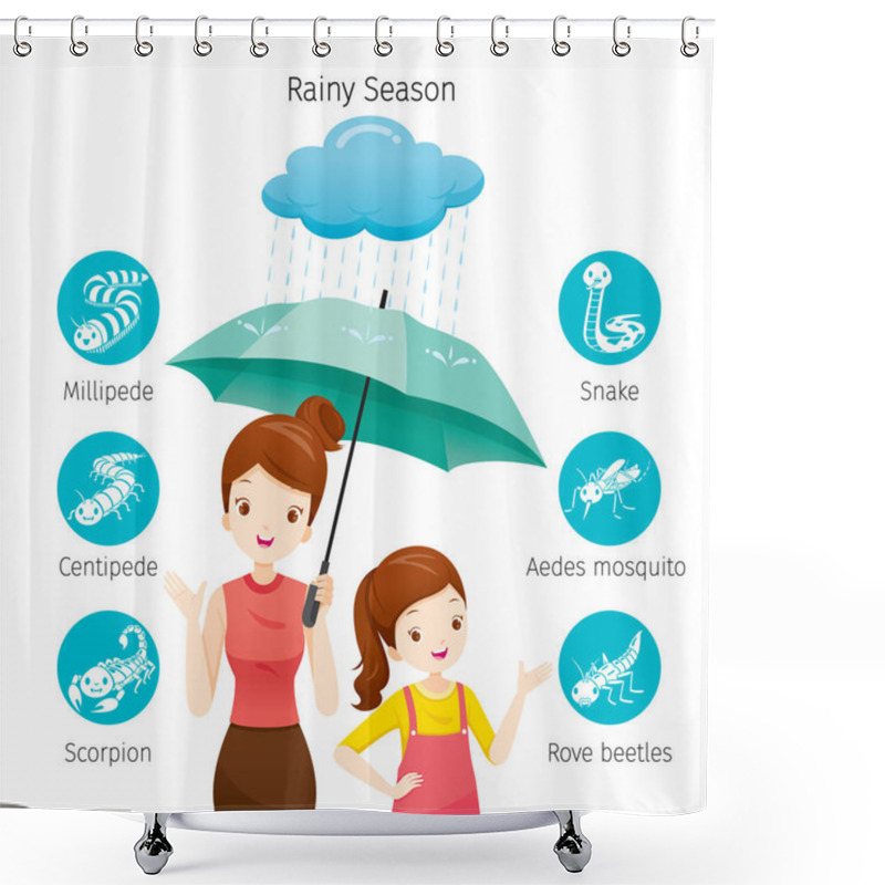 Personality  Mother And Daughter Under Umbrella Together With Icons Set Of Animals In Rainy Season, Monsoon, Venomous, Dangerous Shower Curtains