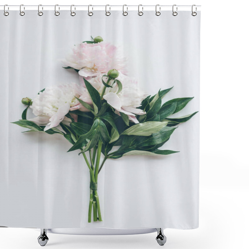 Personality  Top View Of Beautiful Light Pink Peonies With Leaves On White Shower Curtains