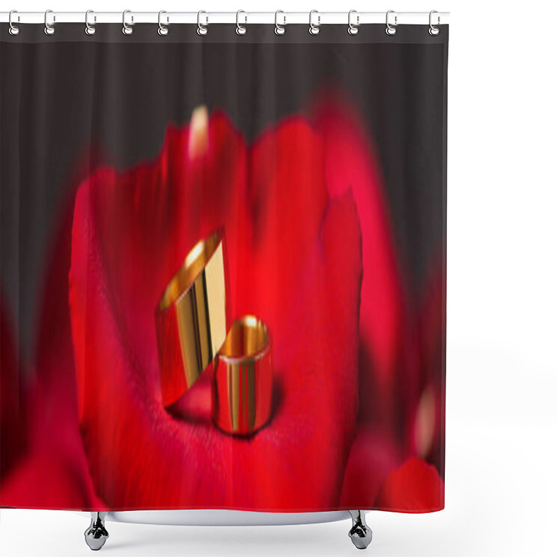 Personality  Close Up Of Golden Wedding Rings On Red Rose Petals, Banner Shower Curtains