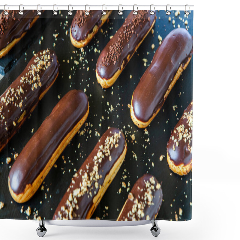 Personality  Traditional French Eclairs With Chocolate. Tasty Dessert. Home Made Cake Eclairs Sweet. Dessert. Pastry Filled With Cream. Chocolate Icing. Shower Curtains