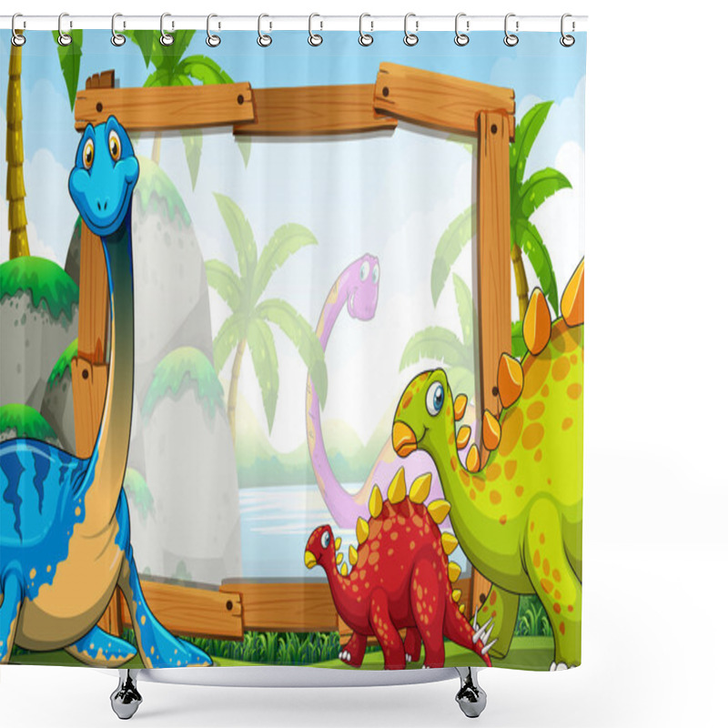 Personality  Dinosaurs Around The Wooden Frame Shower Curtains