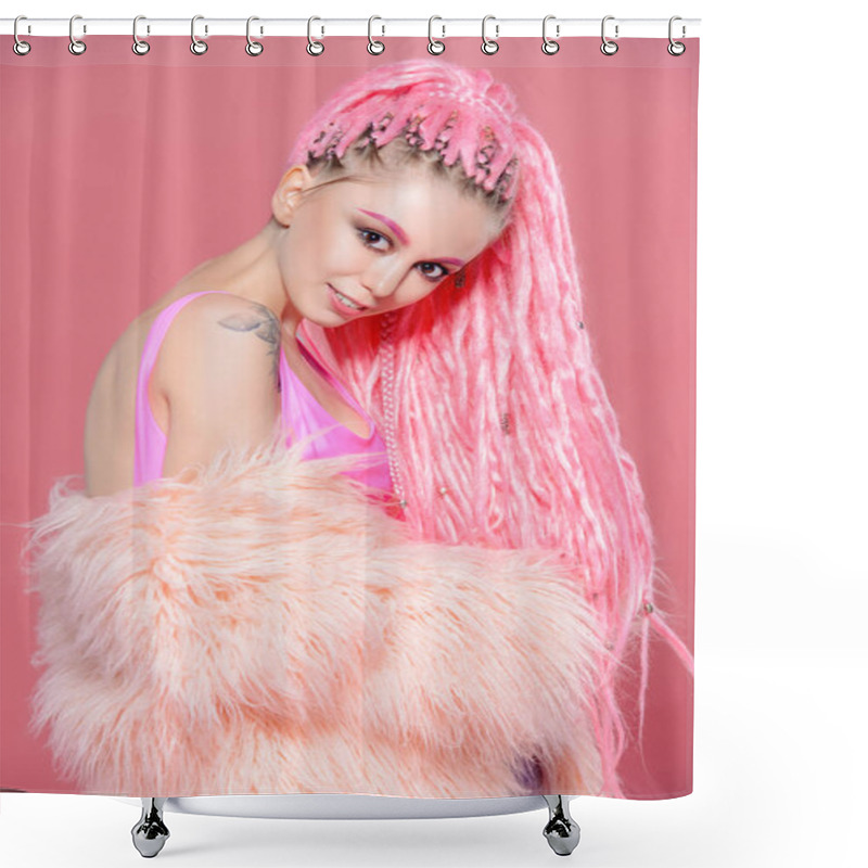 Personality  Stylish Girl With Pink Dreadlocks Posing In Bright Clothes On A Pink Background. Beauty, Fashion. Shower Curtains