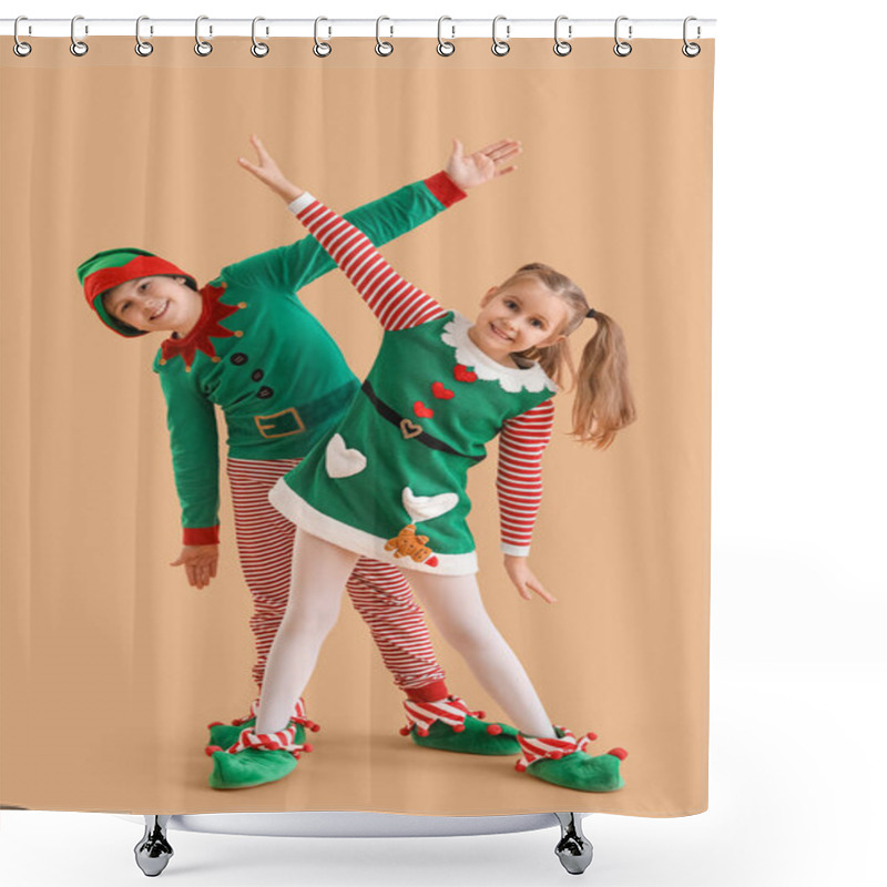 Personality  Little Children Dressed As Elves On Beige Background Shower Curtains