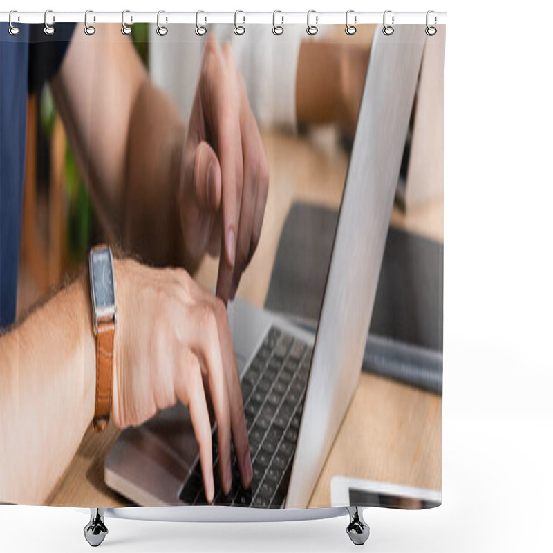 Personality  Cropped View Of Man With Watch Typing On Laptop, While Sitting At Desk With Blurred African American Woman On Background, Banner Shower Curtains