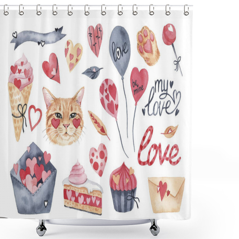 Personality  Watercolor Set With Elements For Valentine's Day On A White Background. Hearts, Sweets, Balls, Gifts And Other Cute Items Shower Curtains