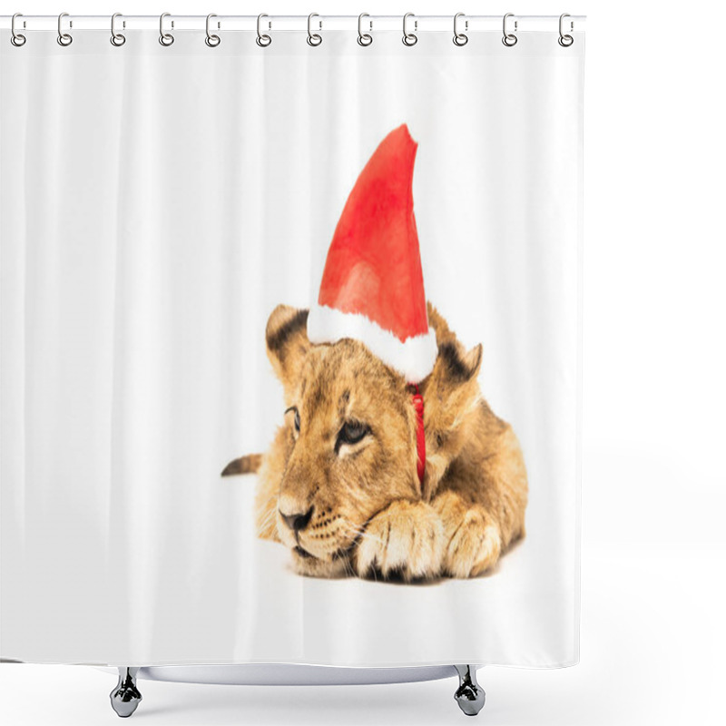 Personality  Cute Lion Cub In Santa Hat Isolated On White Shower Curtains