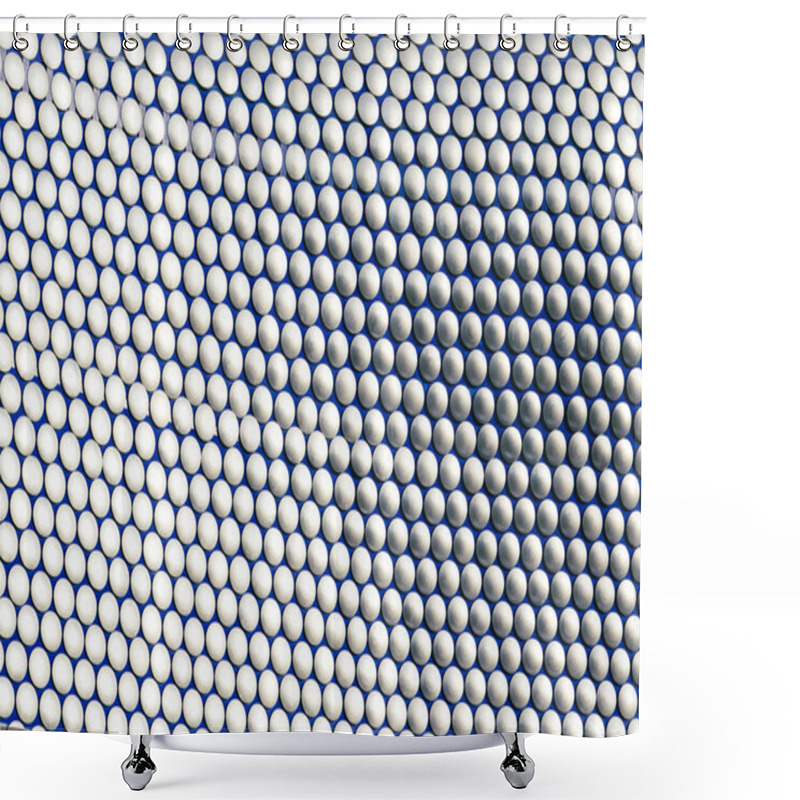 Personality  Close-up View Of A Repeating Pattern Of Silvery-white, Rounded Discs Affixed To A Dark Blue Surface, Arranged In Diagonal Rows.  The Image Showcases A Uniform Texture And Consistent Spacing. Shower Curtains