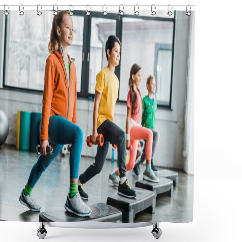 Personality  Preteen Kids Training With Dumbbells And Step Platforms Shower Curtains