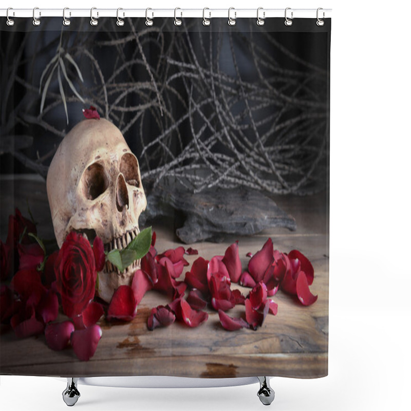 Personality  Still Life Photo With Skull And Rose To The Concept Of Eternal Love Shower Curtains