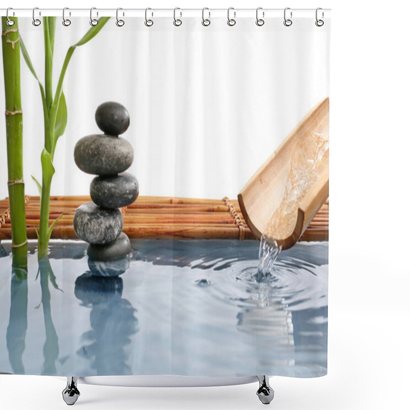 Personality  Stack Of Spa Stones And Bamboo In Water On White Background Shower Curtains