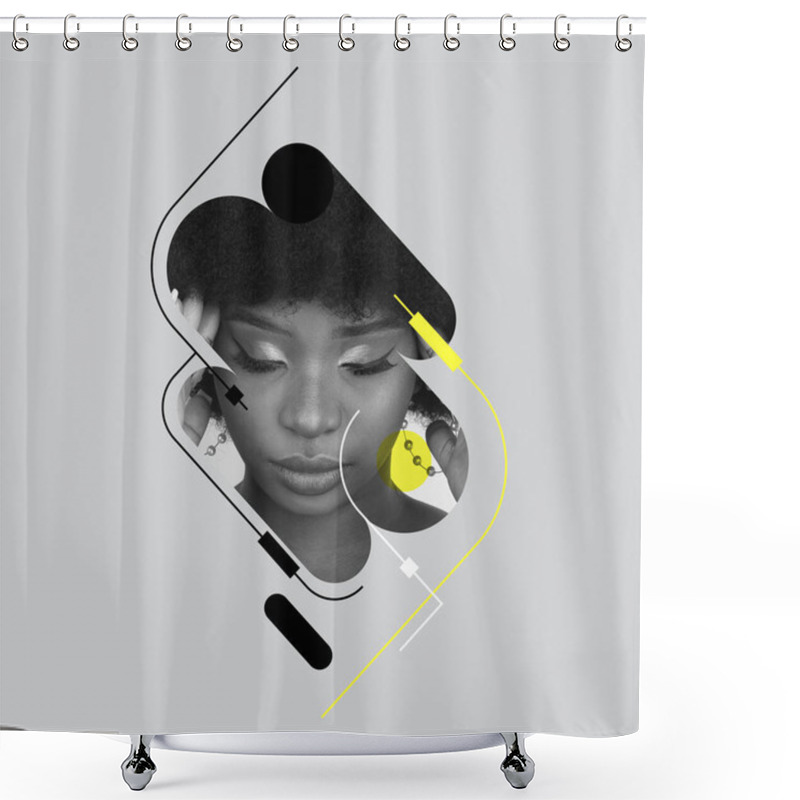 Personality  Calm, Depression. Young Girls Face Over Gray Background. Poster Graphics. Ideas, Inspiration, Fashion. Different Emotions, Facial Expression, Psychology Of Personality Concept. Monochrome Shower Curtains