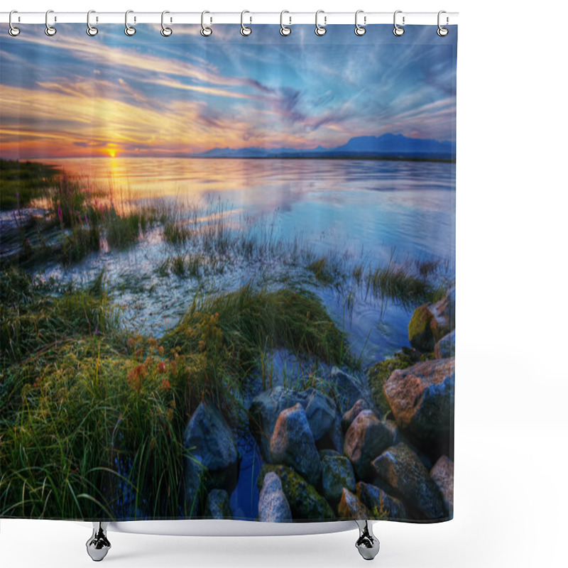 Personality  Glorious Sunset Over Grassy And Rocky Shore Shower Curtains