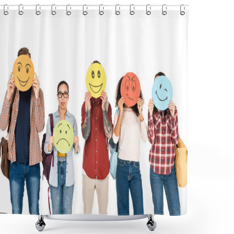 Personality  Funny Girl In Glasses Showing Tongue Near Group Of Young People Showing Emotions On Cards Isolated On White  Shower Curtains