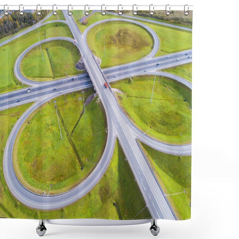 Personality  Aerial View Of Highway In City. Cars Crossing Interchange Overpass. Highway Interchange With Traffic. Aerial Bird's Eye Photo Of Highway. Expressway. Road Junctions. Car Passing. Top View From Above. Shower Curtains