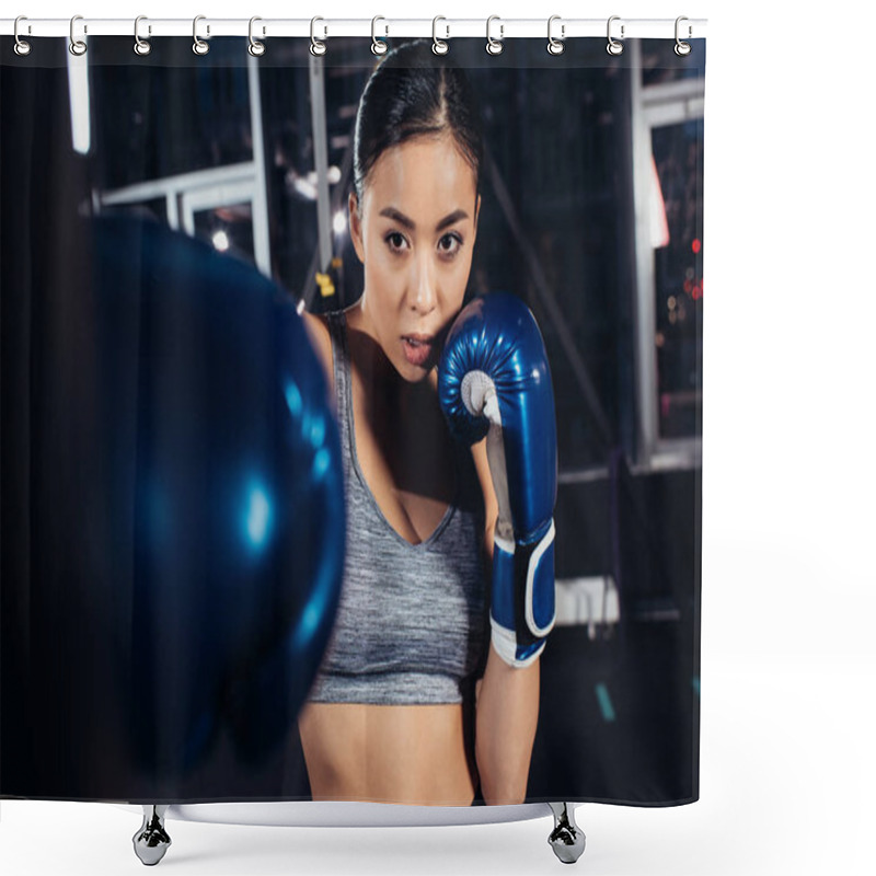 Personality  Close Up View Of Asian Girl In Boxing Gloves Training At Gym Shower Curtains