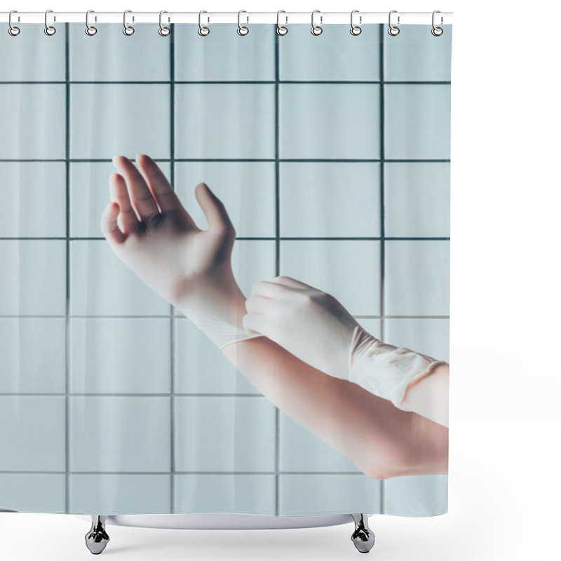 Personality  Cropped Shot Of Doctor Putting On Rubber Gloves In Front Of Tiled White Wall Shower Curtains