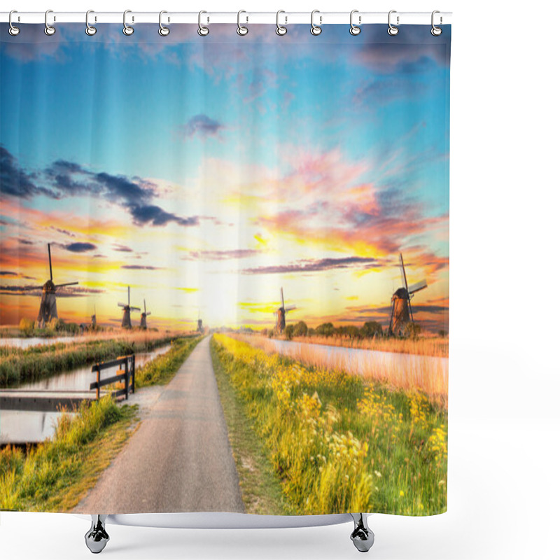 Personality  Windmills And Water Canal In Kinderdijk, Netherlands Shower Curtains