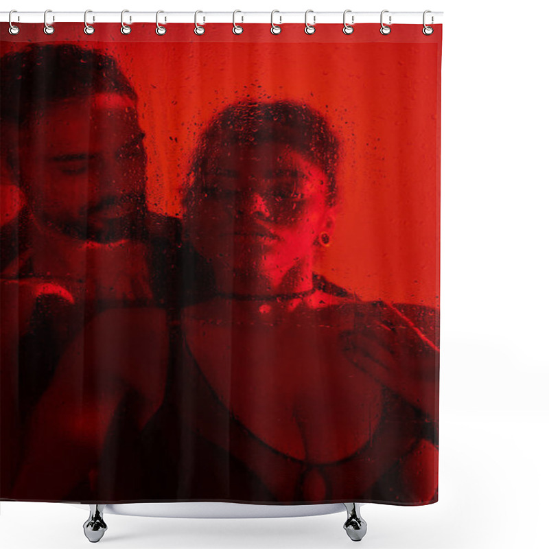 Personality  A Couple Shares An Intimate Moment, Surrounded By A Warm Red Glow And Misty Textures. Shower Curtains